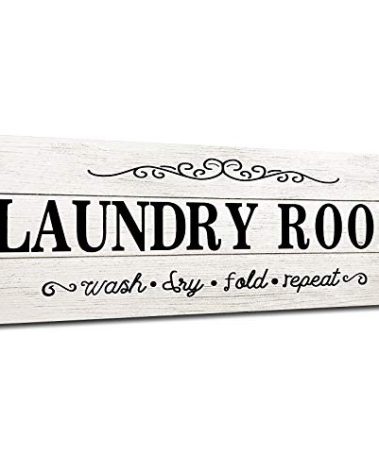 Laundry Room Decor Sign Wooden Rustic Farmhouse Family Laundry Room Wall Sign Wash Dry Fold Repeat Wall Decor Prints for Home, 16 x 6 Inches(White)