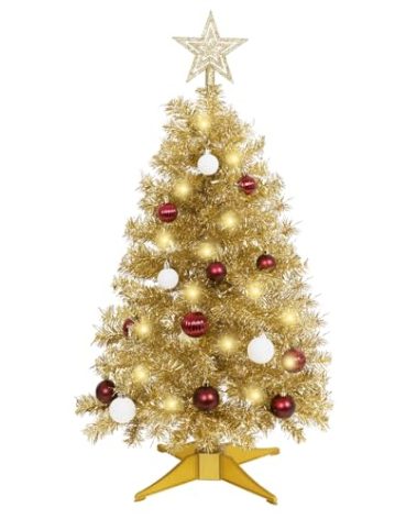 Sunshine Champagne Christmas Tree with Light 3ft Artifical Full Christmas Tree with Ball & Star Ornaments 8 Lighting Modes for Holiday Decor