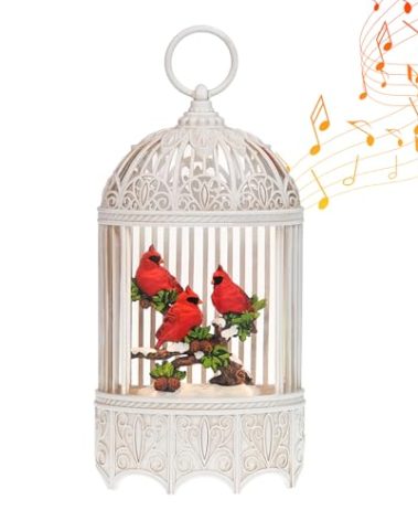 12" Cardinal Snow Globes Christmas Lantern with Music Timer USB/Battery Operated Birdcage Red Cardinal Gift Christmas Decoration Indoor