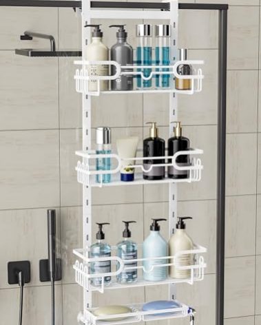 Consumest Over The Door Shower Caddy - 4 Tier Adjustable Hanging Shower Organizer Shelf with 2 Soap Holders & 22 Hooks, Rustproof Easy Installation Hanging Storage Rack for Bathroom, White