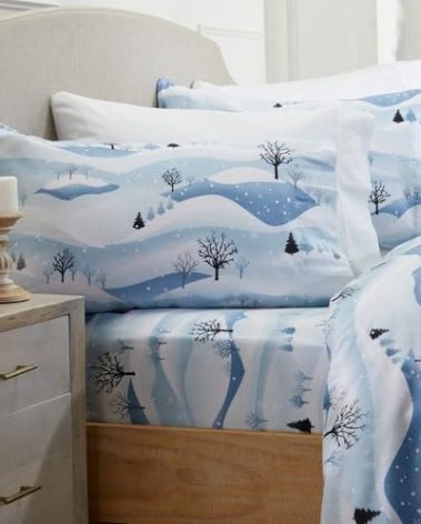 Market & Place 100% Cotton Twin Flannel Sheet Set | 3 Piece Deep Pocket Novelty Cozy Winter Bed Sheets | Double Brushed for Extra Softness & Comfort | Alpine Collection (Twin, Winter Landscape)