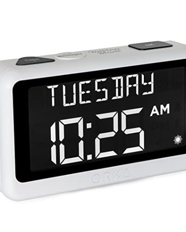ORKA Talking Clock. Voice Recordable Ex Large Medication Pill Reminder. Talking Alarm Clock for Dementia, Hearing, Visually impaired Seniors-Digital Day Clock with Multiple Customized Alarms White