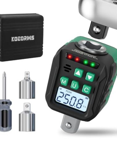 KOEORWS 1/2-Inch Digital Torque Adapter, 12.54-250.8 Ft.lb/17-340 N.m, Electronic Torque Wrench Converter with ±2% Accuracy, Preset Function, Data Storage, 3/8” & 1/4” Adapter for Bike, Moto, Car