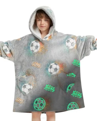 Wearable Blanket Hoodie for Kids Oversized Sherpa Blanket Hoodie for Kids Boys Girls Teens 6-13YR,Glow in The Dark Football