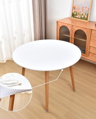 Amonsa Round Fitted White Tablecloth with Elastic for 36 inch Tables No Slip Cloth Table Covers Washable Stretchy Table Cloths for Kitchen Dining Outdoor Party