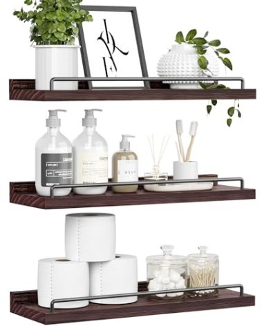 RYOFOBETTO Floating Shelves, Bathroom Decor Shelves Over Toilet, Farmhouse Wall Shelves for Living Room, Bedroom, Picture Frames, Plants, Kitchen, Set of 3 (Walnut Brown)