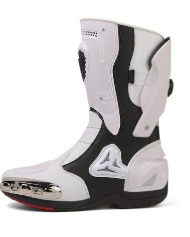 Zeozoom Motorcycle Riding Boots Motorcycle Leather Boots for Women and Men Protection Anti Slip Racing Sports (White, Adult, Men, 5, Numeric, US Footwear Size System, Medium)
