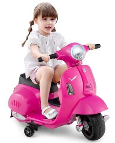 Costzon Toddler Motorcycle, Licensed Vespa Ride on Motorcycle with Training Wheels, LED Headlight & Horn Sound, Ride on Toy, 6V Battery Powered Motorbike, Gift for Boys & Girls, 1-3 Toddlers (Pink)