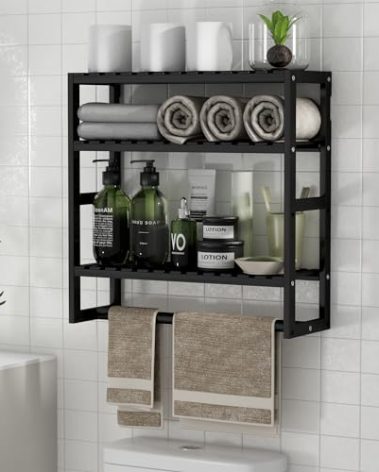 PPN Towel Rack Bathroom Storage Shelves Over The Toilet with Towel Bar 100% Bamboo Adjustable Height Floating Shelf Wall Shower Shelf for Small Space Bathroom Kitchen Multi Usage (Black-1Pack)