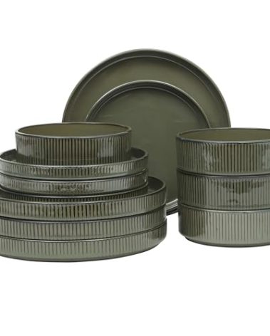 Gibson Elite 12 Piece (Service for 4) Townscape Plates and Bowls Reactive Glaze Embossed Round Dishes Terracotta Ceramic Dinnerware Set - Dark Green