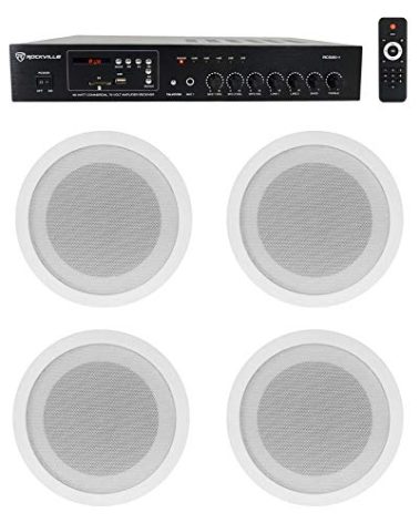 Rockville Commercial Audio Bundle: (4) CCL5T White 5" 70V Ceiling Speakers, Multi-Tap, Flush Mount with RCS80-1 60-Watt 70V Amplifier/Bluetooth Receiver for Restaurant or Office, 5-Items