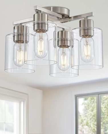 DIDUIO Semi Flush Mount Ceiling Light Kitchen Lighting Fixtures Ceiling Brushed Nickel Kitchen Cieling Light Fixtures with Clear Glass Shade for Dining Room Bedroom Living Room Hallway E26 Scoket