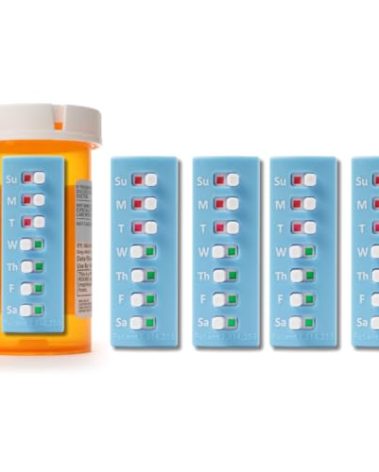 TAKE-N-SLIDE Peel and Stick Reusable for 12 + Refills, Pill/Medication/Vitamin/Pet Med Tracker & Reminder, Attach to Your Bottle, Organizer-Free, Curved‑Back (Blue, 5-Pack)