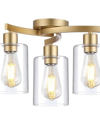 3WWWUEE 3-Light Semi Flush Mount Ceiling Light, Modern Close to Ceiling Light Fixtures with Clear Glass Shades, Gold Light Fixture for Kitchen, Dining Room, Hallway, Entryway, Foyer