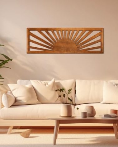 Burbell Sun Wall Art Decor 35'' x 12'' Large Boho Sun Wall Decor Wooden Horizontal Vintage Bohemian Hanging Rectangle Panoramic Above Bed Decoration for Bedroom Home(Dark Brown)