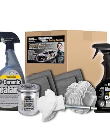 Flitz Mason Maggio Racing Bundle - USA-Made Car Cleaning Kit - Includes 1lb Polish, 32oz Sealant, 16oz Metal Pre-Clean, 2 Buff Balls, & 4 Microfiber Cloths - Professional Car Detailing Kit to Restore