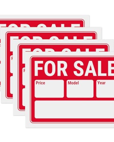 4pk For Sale Signs with Year and Model for Car, Vehicles, Boat, Trailer. Waterproof PVC Plastic, 12" x 9"