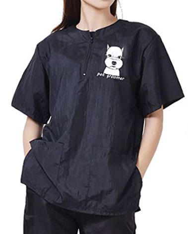 WAYUTO Short Sleeves Pet Grooming Smock with Zipper Dog Grooming Work Clothes with 2 Pockets Pet Grooming Shirt Dog Grooming Workwear for Pet Shop Men Women Schnauzer Medium