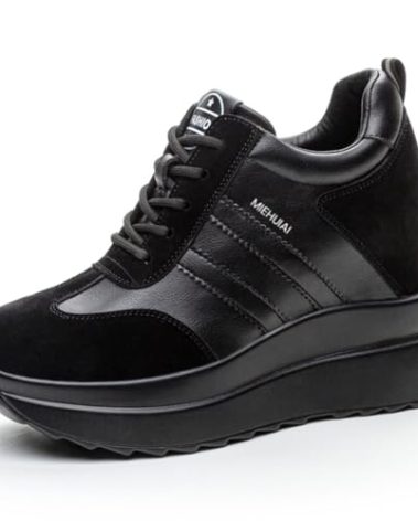 MIEHUIAI Platform Sneakers for Women High Hidden Heel Wedge Sneakers Fashion Leather Chunky Lace up Wedge Tennis Shoes Increasing 3.94 inch(Black 572,Size 6)