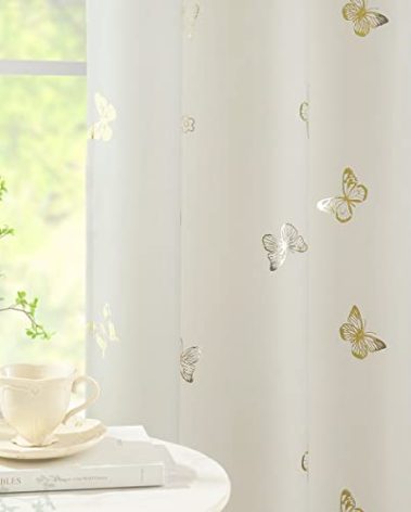 Jubilantex Ivory Gold Butterfly Blackout Curtains with Black Layer Thermal Insulated Window Curtains Grommet Top for Bedroom Girls Room,52x63,2 Panels