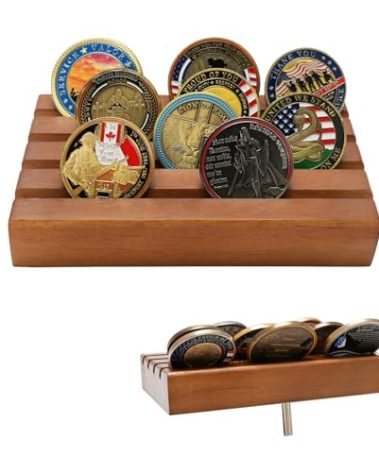ASmileIndeep Military Challenge Coins Display Holder Solid Wood,Challenge Coin Stand , 4 Row Military Coin Holder Rack for Desk,Challenge Coin Display Case (Small Rectangular Walnut Finish)