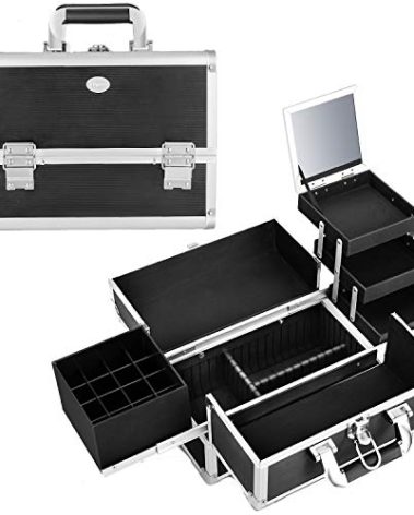 Joligrace Makeup Train Case Organizer Box Professional Multi-Purpose Cosmetic Storage with Sliding Trays, Polish Slots & Mirror, Portable Lockable with Keys, Large Black