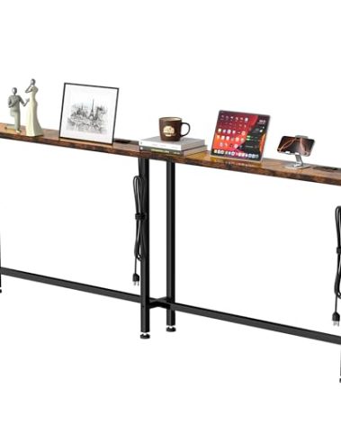 GRLEAF 102" Sofa Table with Built-in Power Strip (4 AC Outlets & 4 USB Ports) – 4.9ft Power Cord, Metal Frame, Easy Assembly, Long Couch Table Behind Sofa, Living Room and Home Office | Rustic Brown
