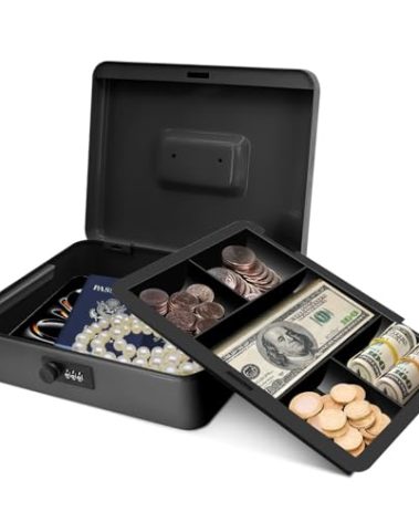 Flexzion Metal Cash Box with Combination Lock - 5-Compartment Petty Cash Box with Money Tray and Lock for Small Business - Removable Money Tray for Bills, Checks & Coins, 11.8"x 9.4"x 3.5", Black