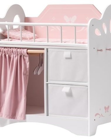 ROBOTIME Baby Doll Crib, Wooden Doll Bed, Toy Baby Crib with Storage, Bedding, and Wooden Hooks, Doll Crib Fits Dolls up to 21", Doll Furniture for American Girls Ages 3+ (Pink)