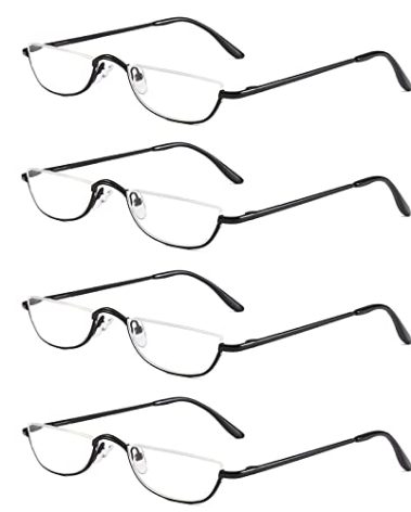 KoKoBin Half Reading Glasses - 4 Pairs Half Rim Metal Frame Glasses Spring Hinge Readers for Men and Women, Black 1.75