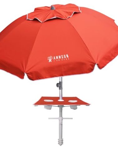 AMMSUN 7ft Heavy Duty High Wind Beach Umbrella with sand anchor Built-in Table Tray Vent Tilt Pole, UPF 50+ Windproof Portable Outdoor Umbrellas Carry Bag for Patio Garden Pool Backyard Red