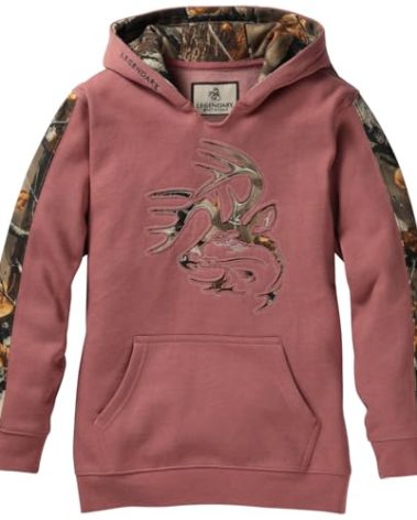 Legendary Whitetails Kids Pullover Hoodie Camo Sweatshirt Comfy V-Neck Design, Ash Rose Heather, SML