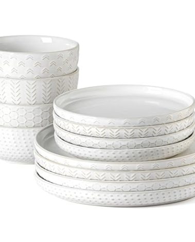 Stoneware Dinnerware Sets Service for 4, 12 pcs Reactive Glaze Plates and Bowls Sets, Embossed Boho Ceramic Dish Set, Highly Chip and Crack Resistant Farmhouse Plate Set, Ivory White