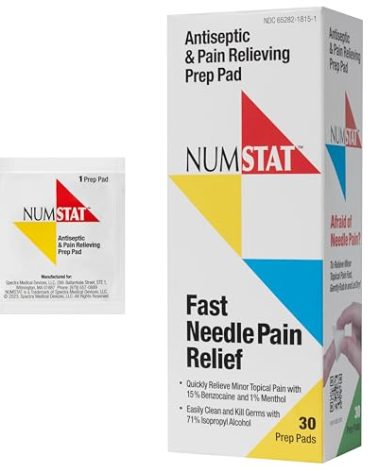 NUMSTAT Antiseptic Numbing Wipes for Needle Pain Relief, 2-In-1 Formula with Benzocaine, Isopropyl Alcohol and Menthol - 30 Prep Pads