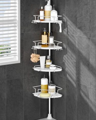 ALLZONE Corner Shower Caddy Tension Pole – Upgraded Rust-Free Stainless Steel Shower Organizer with Adjustable Storage Shelves, Drill-Free Installation, Quick Setup, Extends from 34 to 116 Inches