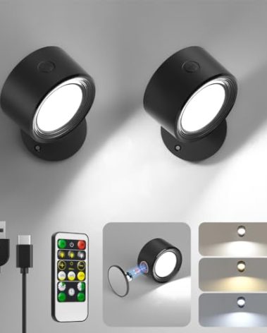 Lightbiz LED Wall Mounted Lights 2 Pcs with Remote, Wall Sconces Lamp 3000mAh Rechargeable Battery Operated, 3 Color Temperatures & Dimmable Magnetic 360° Rotation Cordless Light for Bedroom Bedside