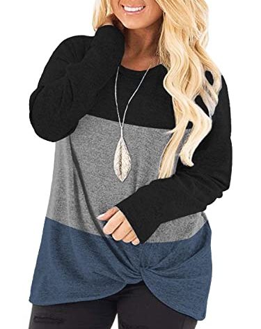Plus Size Trendy Tops for Women Color Block Knotted Long Sleeve Blouses 18W