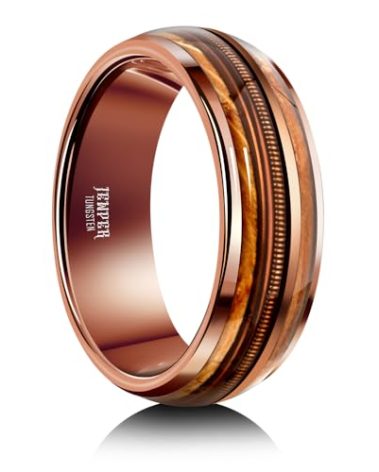 JEWPER 8mm Men Womens Wedding Band Tungsten Rings Brown Fashion Promise Carbide Inlaid Guitar Strings Whiskey Barrel Wood Matte Finish Edge Comfort Fit size 7-12(10)