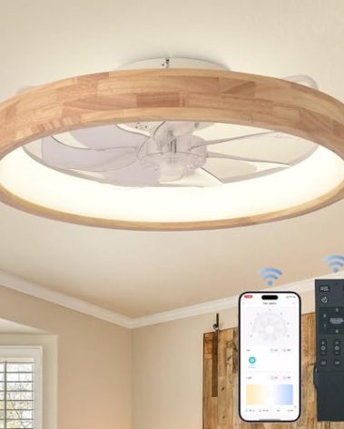 Oaks Aura 20” Ceiling Fan with Light, 3 Color Dimmable LED, 6 Speeds,Reversible Modern Wooden Flush Mount Low Profile Ceiling Fans with Lights and Remote for Bedroom/Kidsroom/Dinng Room