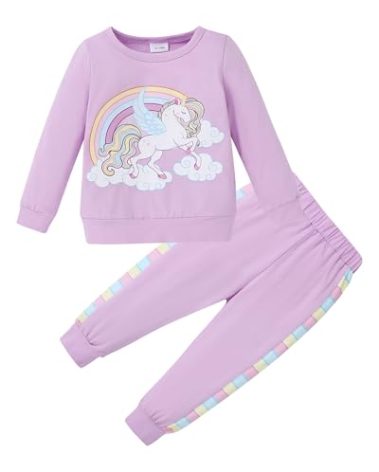YALLET Toddler Girl Clothes Fall Winter Jogging Outfit Little Girl Unicorn Sweatsuit+ Pants Set Baby Sweatshirt Clothing (Unicorn-Purple,5-6 Years)