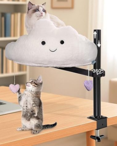 Meowgic Cat Desk Bed – Supports up to 50 lbs, Cloud Design Cat Bed, 360° Rotation, Adjustable Height, Removable & Washable Nest, Tool-Free Setup