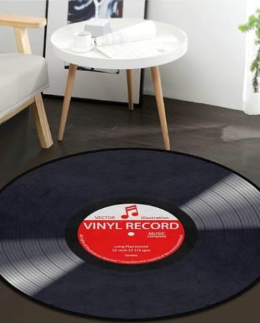 keepcute Music Record Black Round Area Rug for Bedroom Living Room Study Playing Non-Slip Floor Mat Carpet Home Decor Rugs, 6' x 6' Round