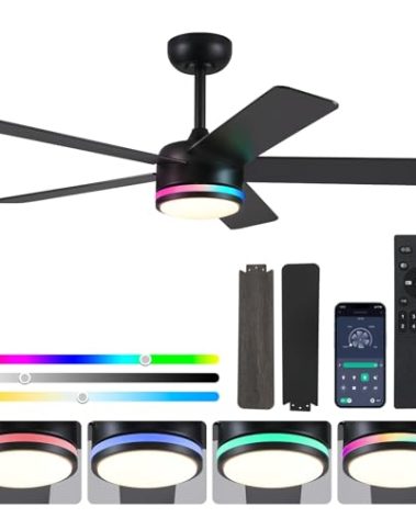 CHESUR RGB Black Ceiling Fans with Lights - 46in Modern Low Profile Ceiling Fan with Lights and Remote Control, 5 Dual-Sided Blades, Reversible DC Motor, Ceiling Fan for Indoor and Outdoor