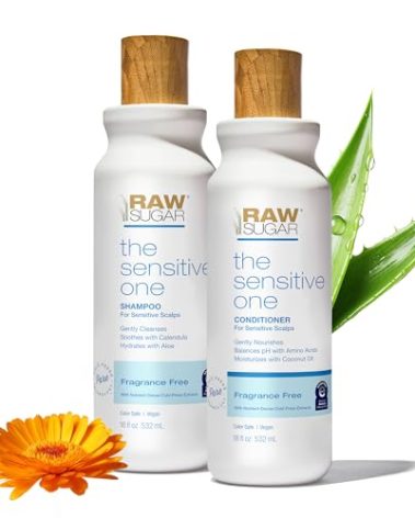 Raw Sugar Shampoo and Conditioner Set, The Sensitive One Hair Care Duo, 16 Fl Oz Each, Gently Cleanses, Soothes & Hydrates with Calendula & Aloe, No Fragrance, SLS/SLES & Parabens, Vegan