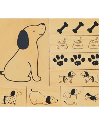 9-Piece Cute Puppy-Themed Wooden Stamp Set - Adorable Dog Stamps with Paw Prints, Bones, Dog Food & Playful Poses - Perfect for Scrapbooking, Cards, DIY Crafts