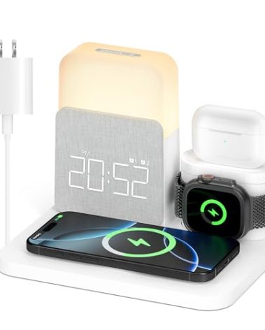 Alarm Clock Charging Station for Bedrooms, 7 in 1 Wireless Charging Station, Magnetic Charger with Night Light Bedside Clock for iPhone 17 16 15 14 13 12 Pro Max, Apple Watch, AirPods (White)