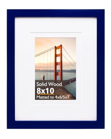 KINLINK 8x10 Picture Frame, Navy Solid Wood Frame with Acrylic Plexiglass for Pictures 4x6/5x7 with Mat or 8x10 without Mat, Tabletop and Wall Mounting Display Photo Frame 1 Pack