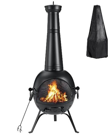 SINGLYFIRE Prairie Fire Outdoor Chiminea Fireplace Deck or Patio Backyard Wooden Fire Pit with Chiminea Cover Rust-Free Iron Black