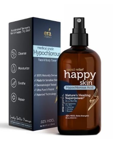 Happy Skin .02% Hypochlorous Acid Spray Toner– Extra Strength, Extra Gentle 100% Natural Toner & Skin Cleanser for Face & Body– Soothe, Hydrate & Repair Dry, Sensitive Skin– pH Balanced, Non-Toxic 8oz