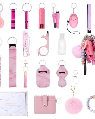 Temracha Safety Keychain Set for Women with Personal Alarm, Wristlet Strap Keychain Accessories Kit, with Card Holder and Pom Pom, Gift Set for Women and Girls (18 Pcs - Pink)